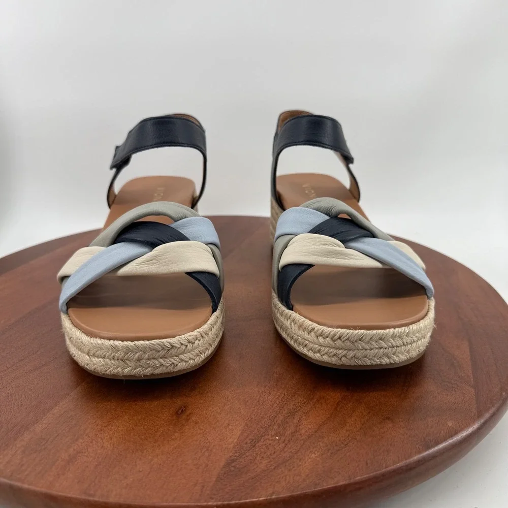 Vionic Saratoga Navy Multi Leather Espadrille Wedge Sandals Womens 11 Wide‎